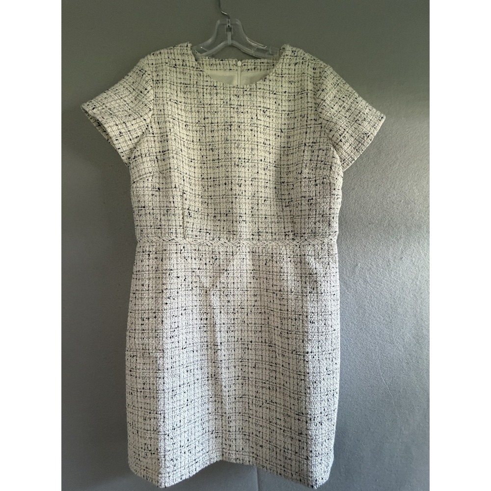 LOFT Dress Womens 12P White Tweed Crew Neck Short Sleeve Sheath Lined Workwear